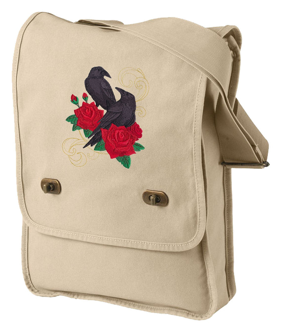 Ravens and Roses Embroidered Canvas Field Bag