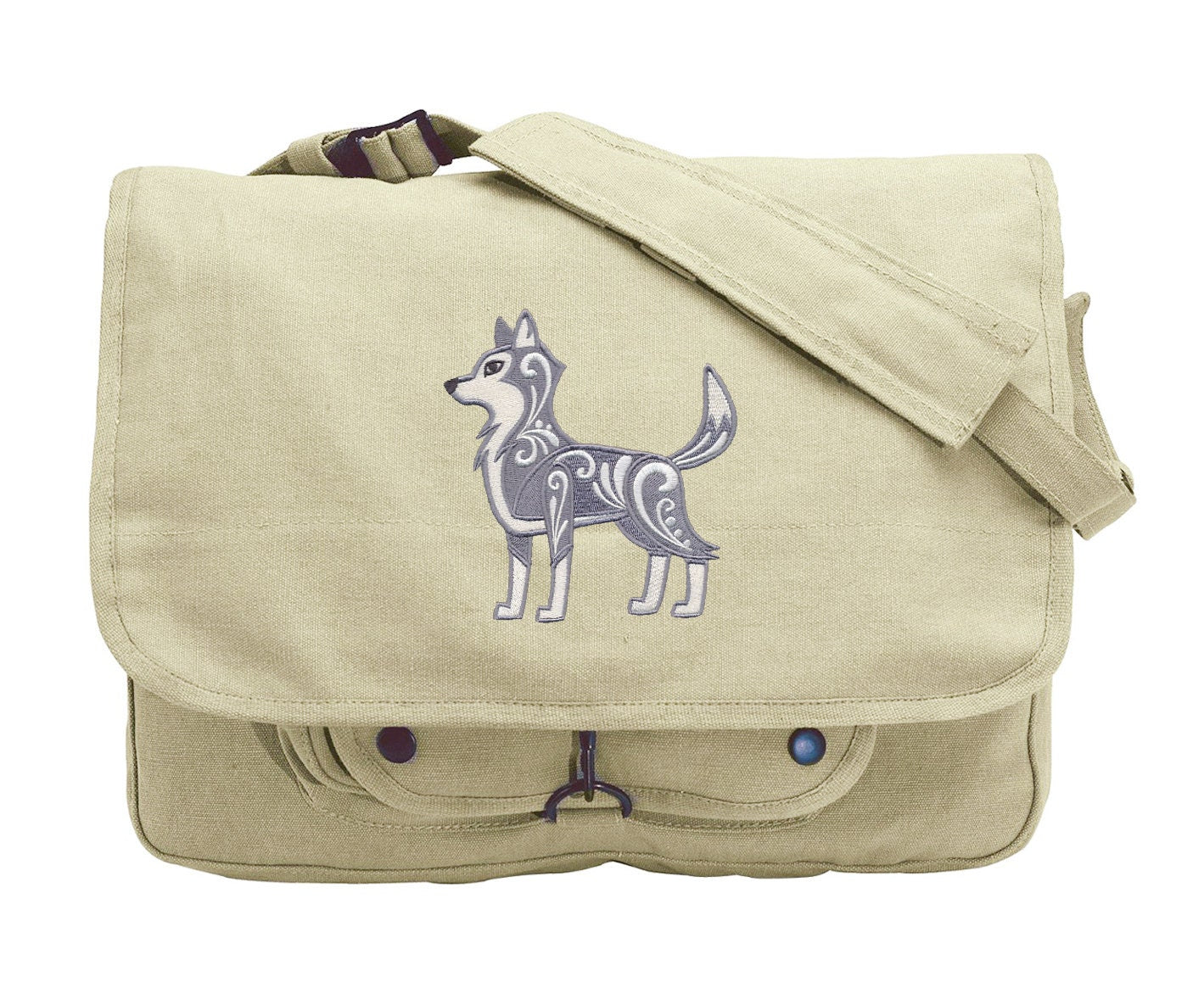 Wolf with Flourish Embroidered Canvas Messenger Bag