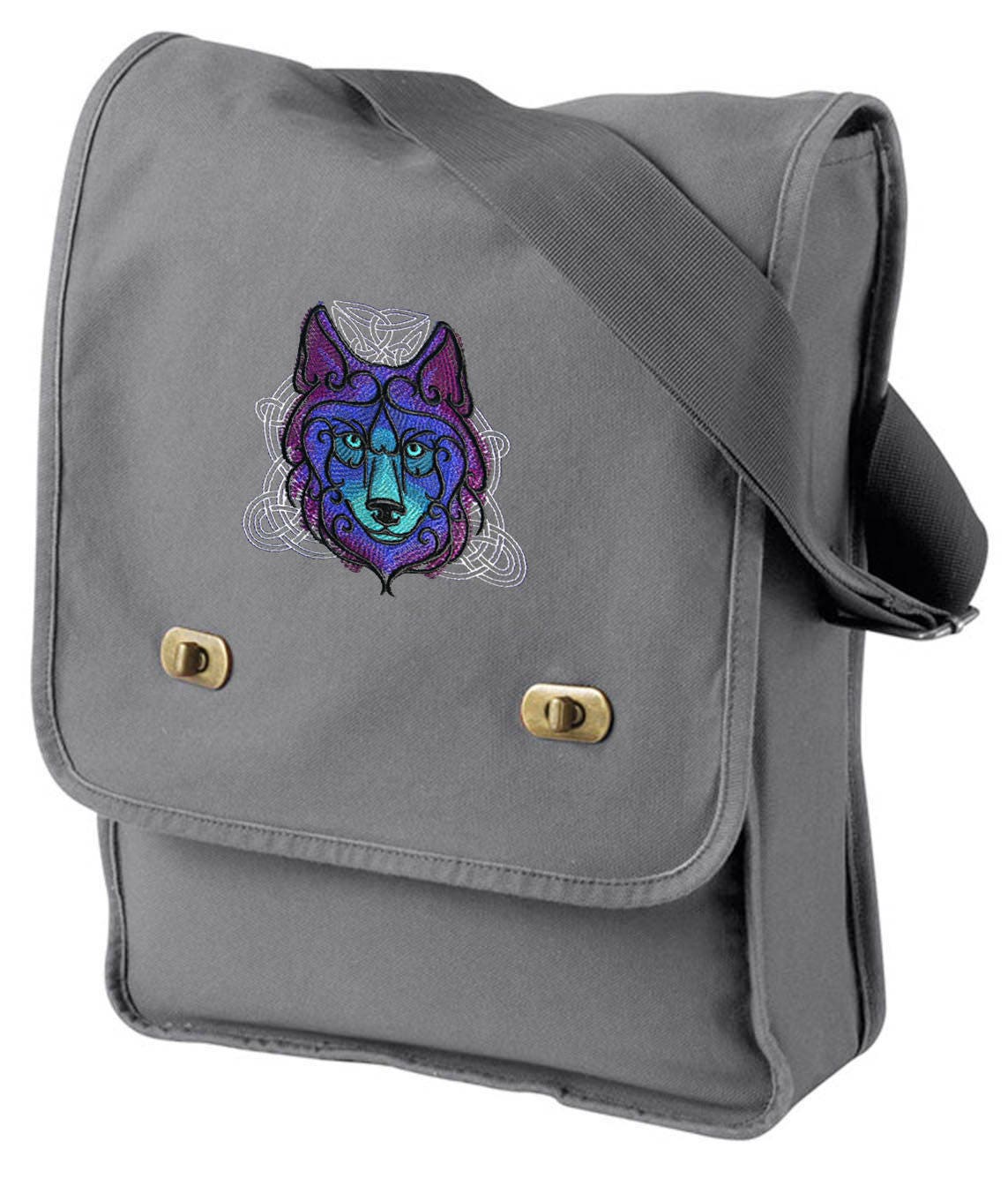 Wolf Bag, Wolf Bag, Wolf Canvas Bag, Dark Celt - Wolf Embroidered Canvas Field Bag