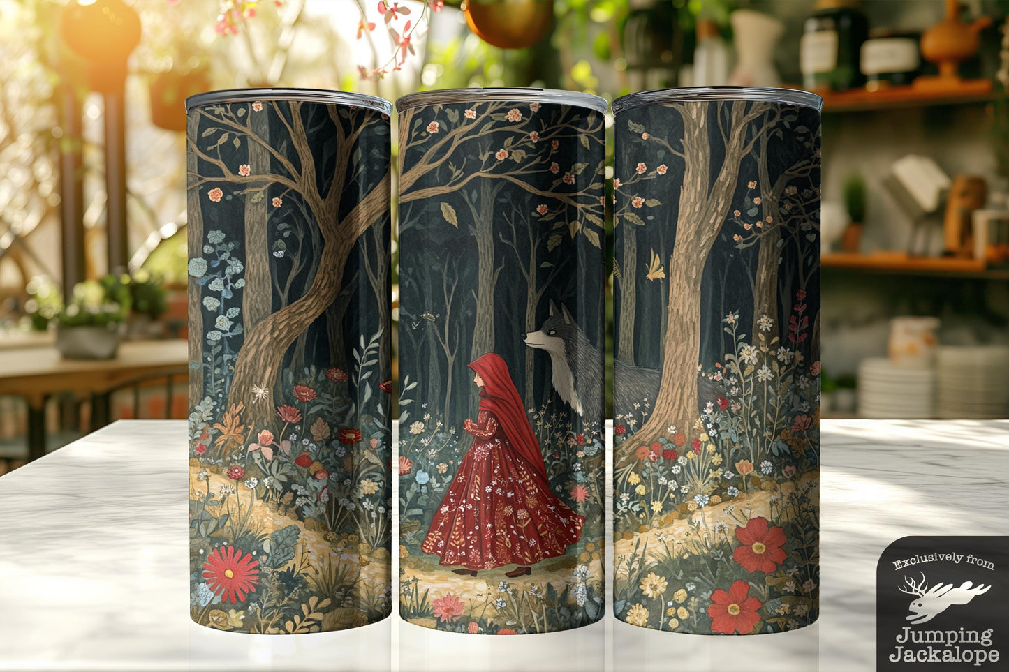 Red Riding Hood Forest Tumbler – 20oz Gothic Fairytale Drinkware with Enchanted Wolf & Floral Path