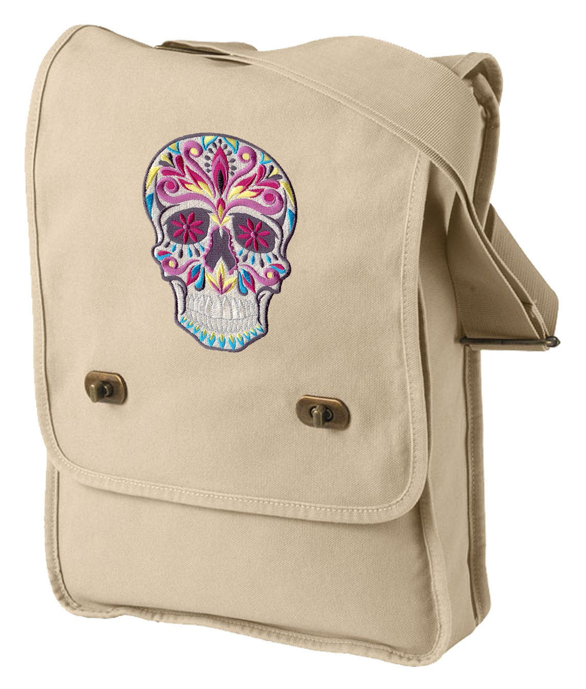 Dia de los Muertos Skull Embroidered Canvas Field Bag