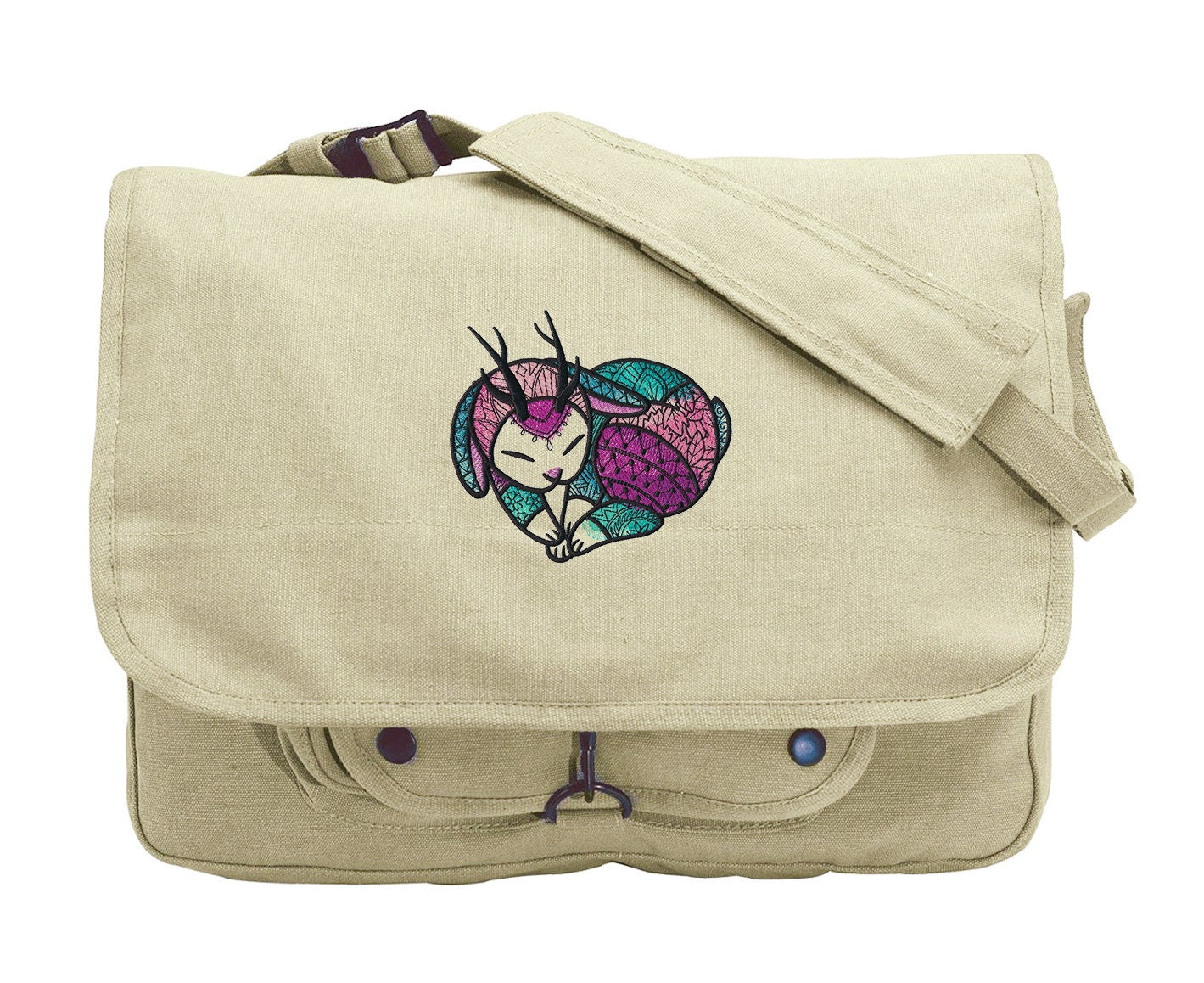 Jackalope Heart Embroidered Canvas Messenger Bag