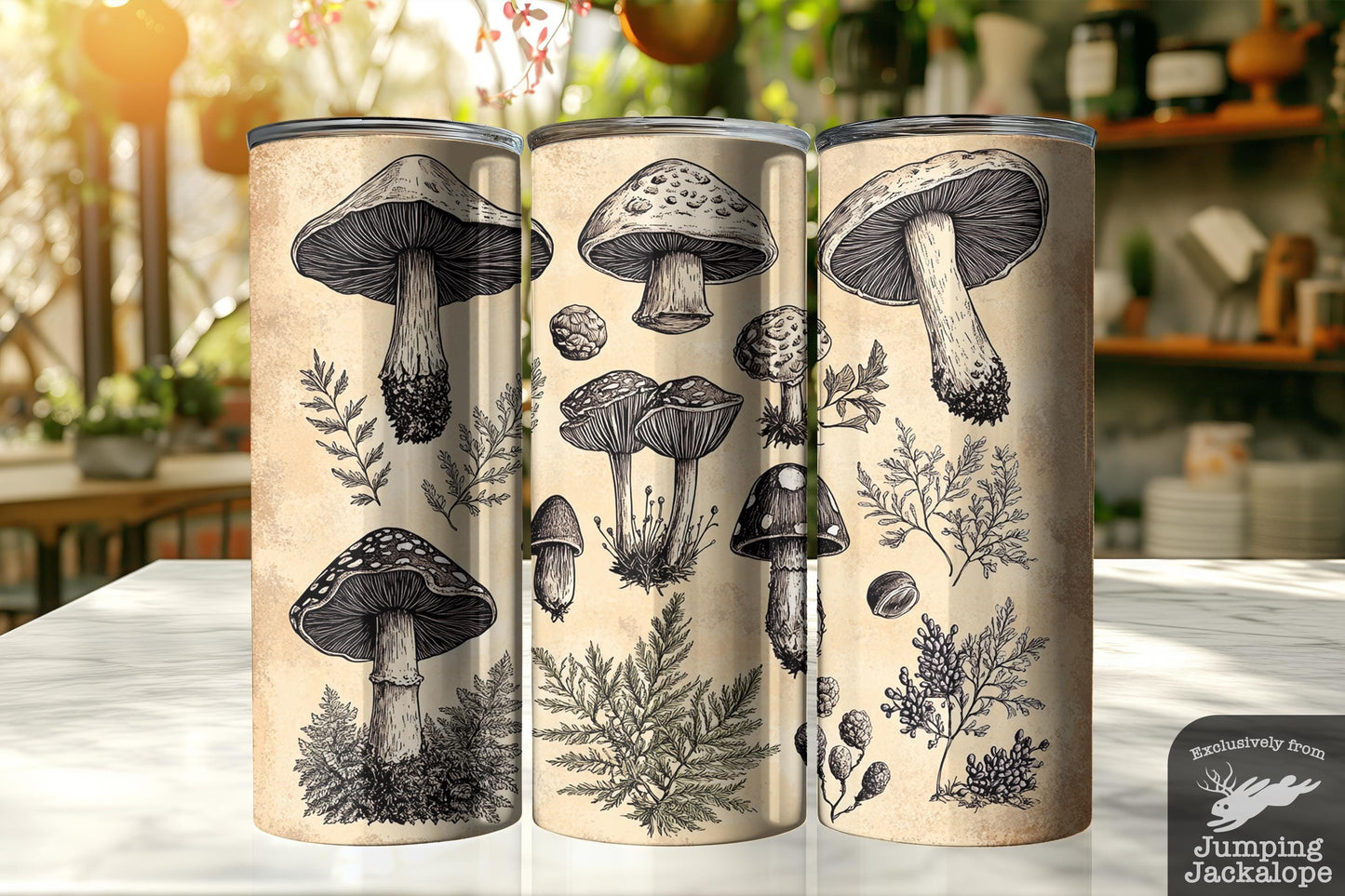 Vintage Mushroom Drawing Tumbler – Monochrome Forest Fungi & Ferns | 20oz Tumbler for Nature Lovers