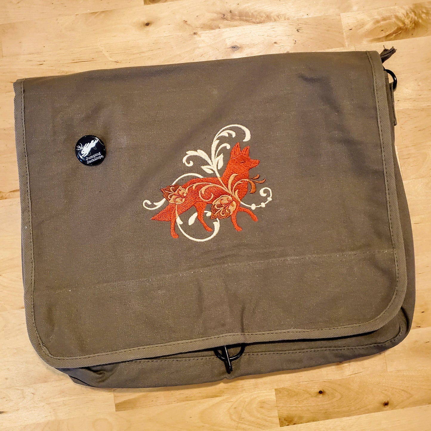 Filigree Fox Embroidered Canvas Messenger Bag