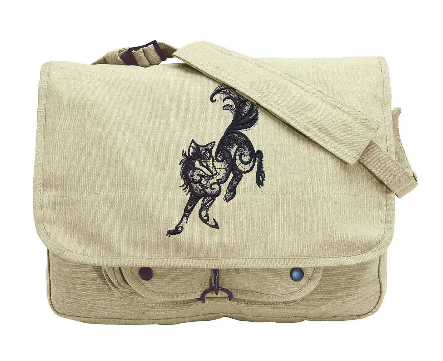 Swirling Wolf Bag, Wolf Messenger Bag, Wolf Canvas Bag, Dark Creatures - Wolf Embroidered Canvas Messenger Bag