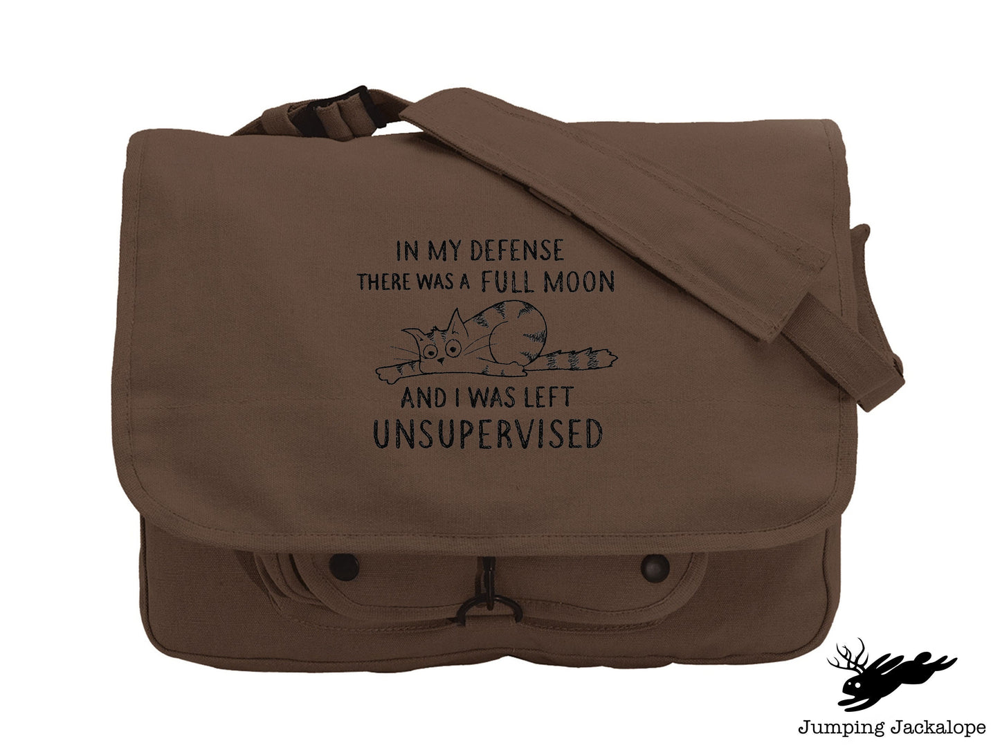 Unsupervised Cat Embroidered Canvas Messenger Bag, Cat Bag, Funny Cat Bag