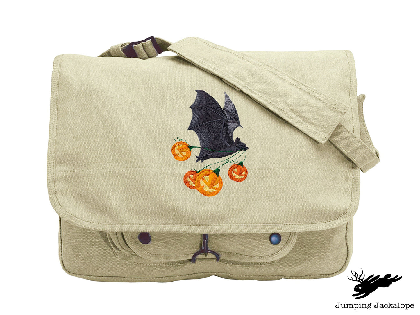Flying Bat with Jack-o-Lanterns Embroidered Canvas Messenger Bag