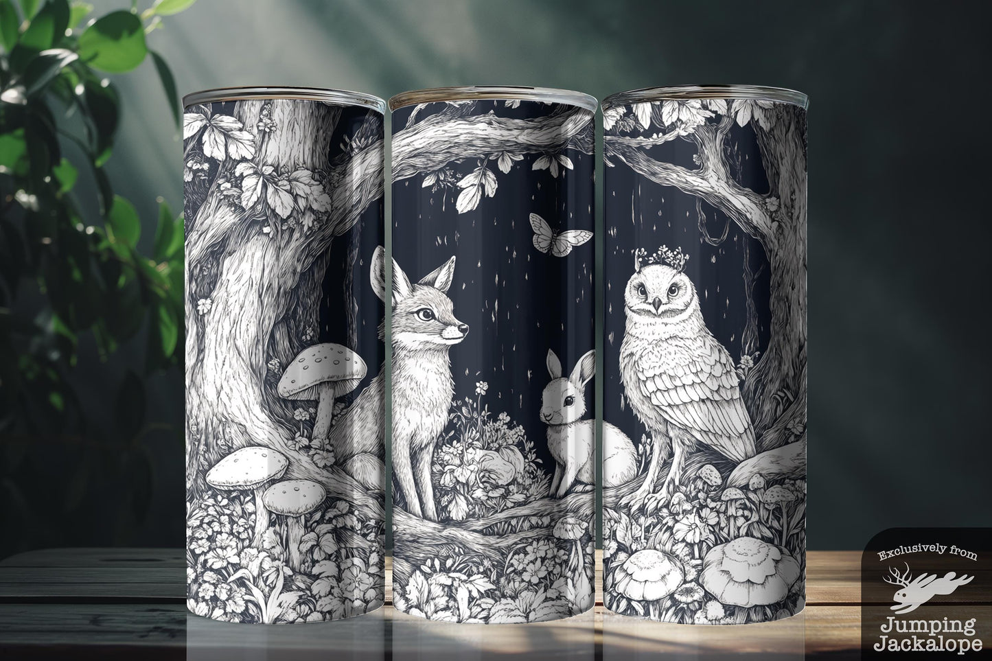 Monochrome Forest Magic Tumbler – 20oz Black & White Woodland Animals with Mushrooms | Cottagecore Drinkware