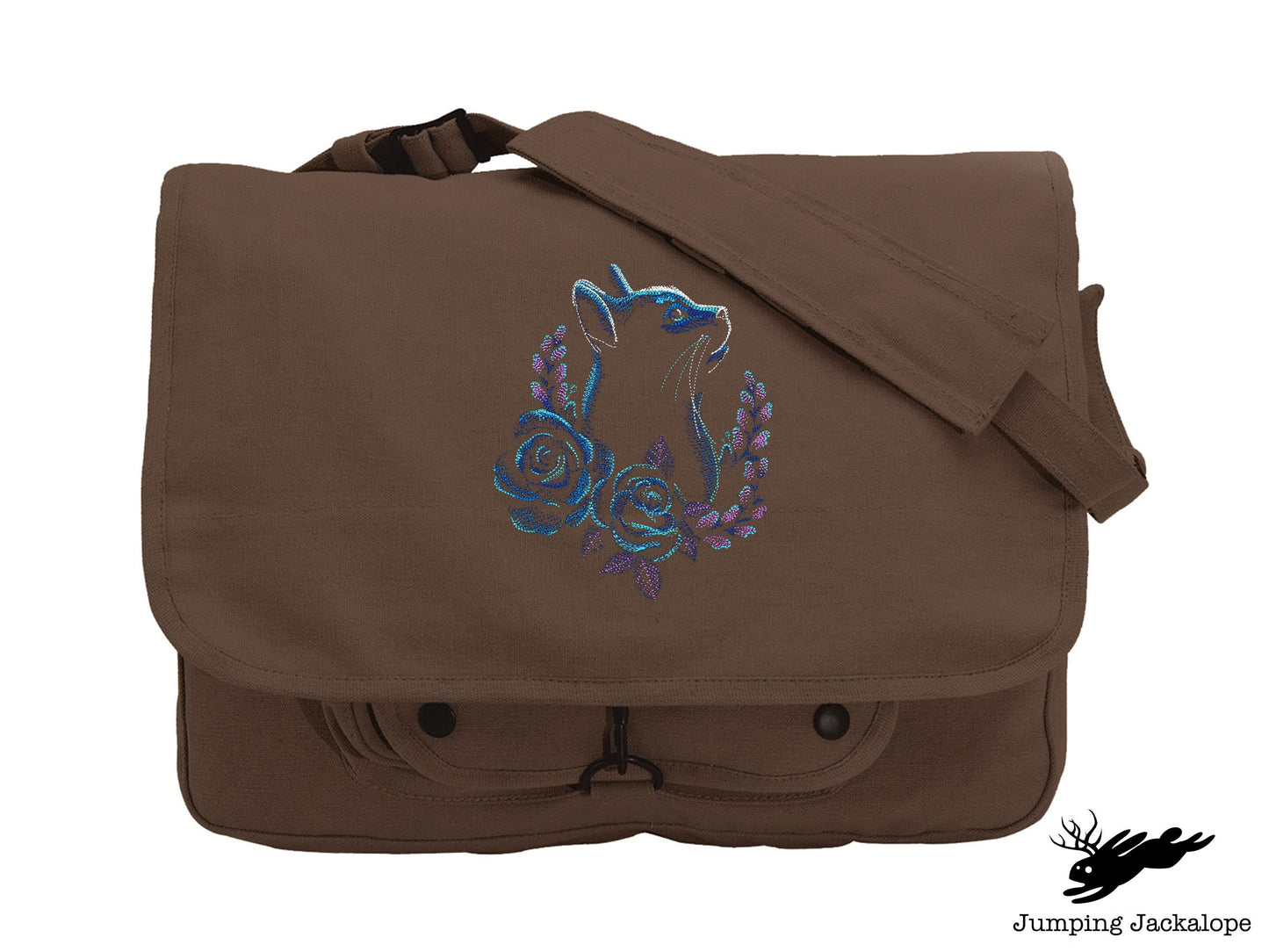 Rose Laurel Cat Embroidered Canvas Messenger Bag, Cat Bag, Flower Cat Bag