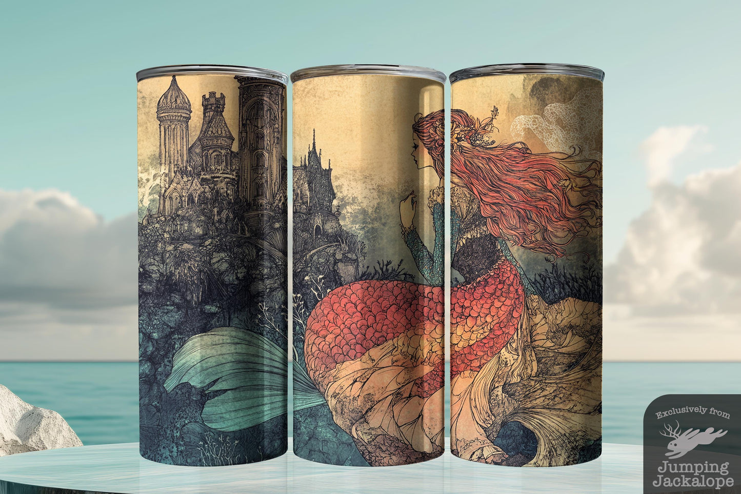 Enchanted Castle Mermaid Tumbler – 20oz Red-Tailed Fantasy Siren | Fairytale Drinkware