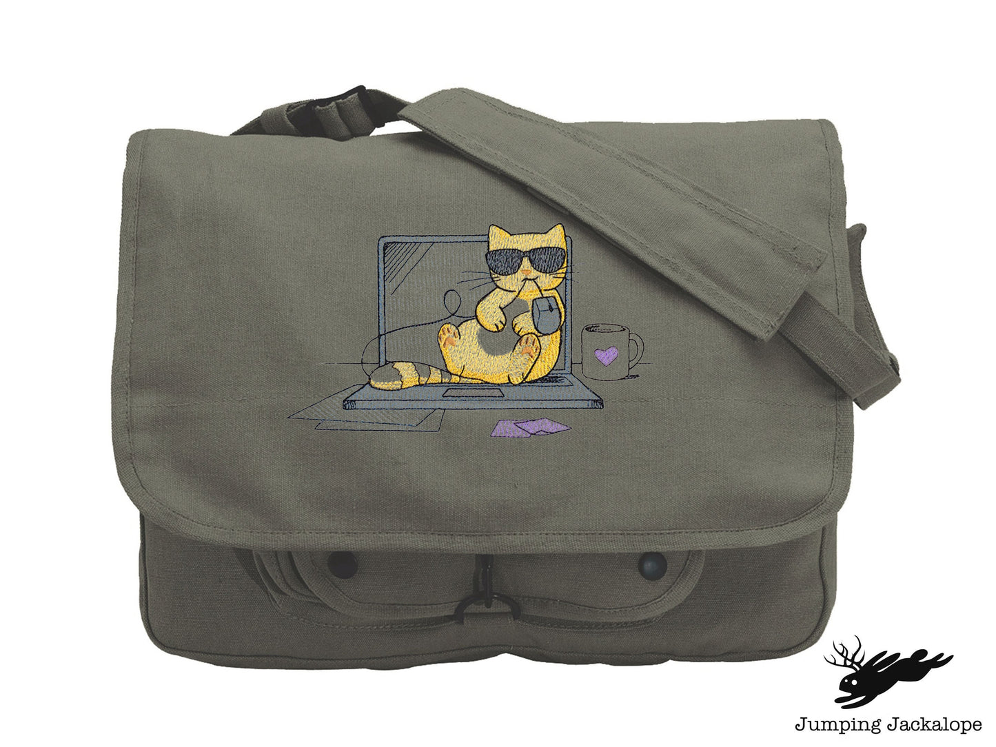 Purr-fectly Cool Co-worker Kitty Embroidered Canvas Messenger Bag, Cat Bag, Work Cat Bag