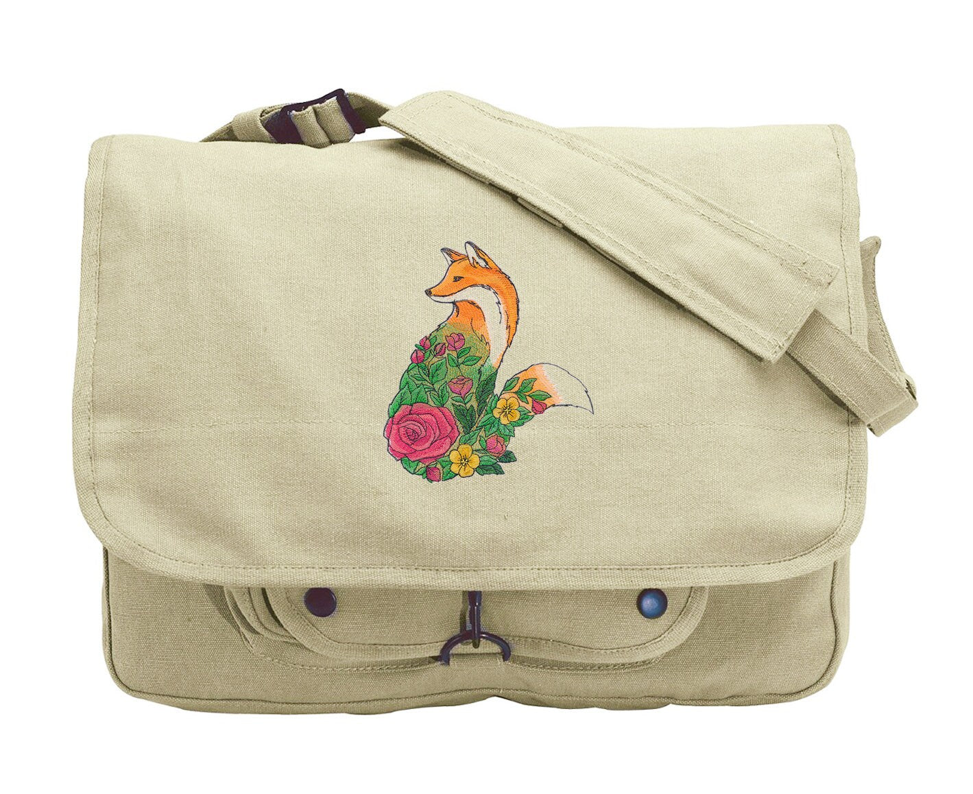 Floral Fox Embroidered Canvas Messenger Bag