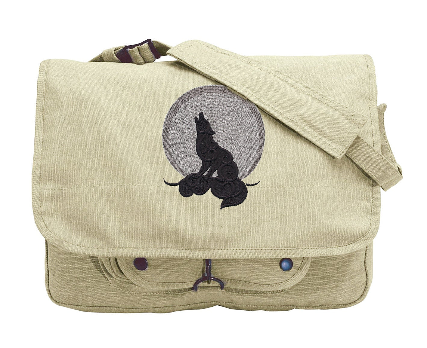 Howling Wolf Messenger Bag, Wolf Canvas Bag, Howl at the Moon Embroidered Canvas Messenger Bag
