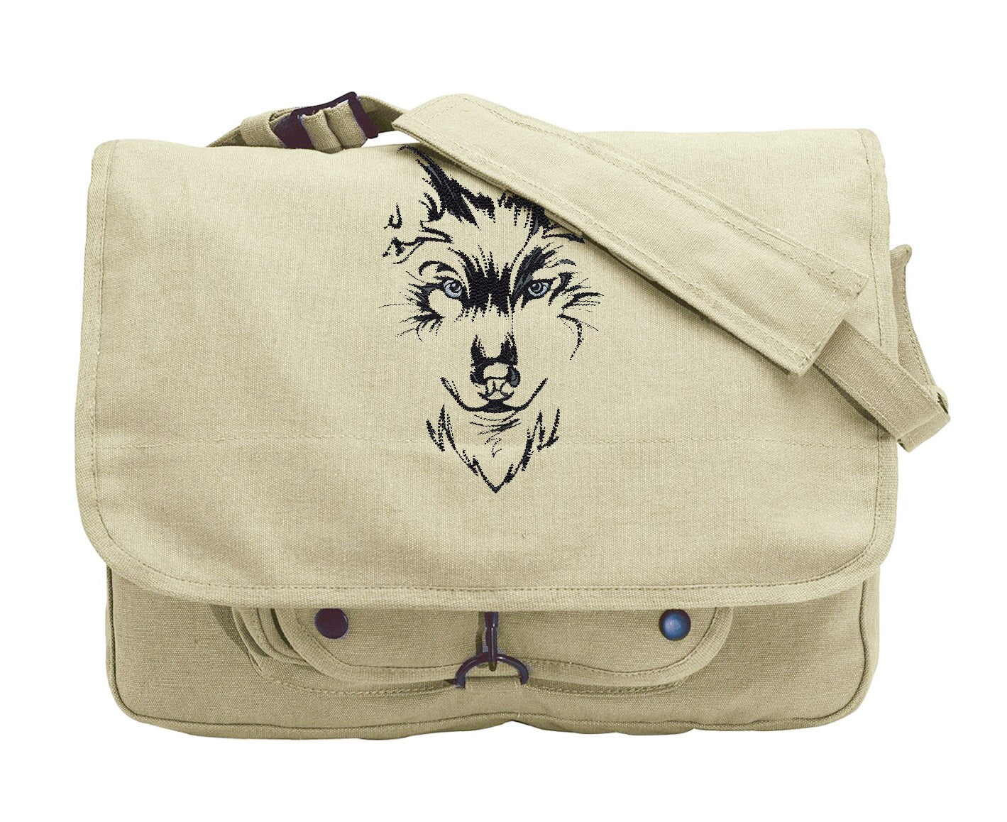 Watching Wolf Embroidered Canvas Messenger Bag