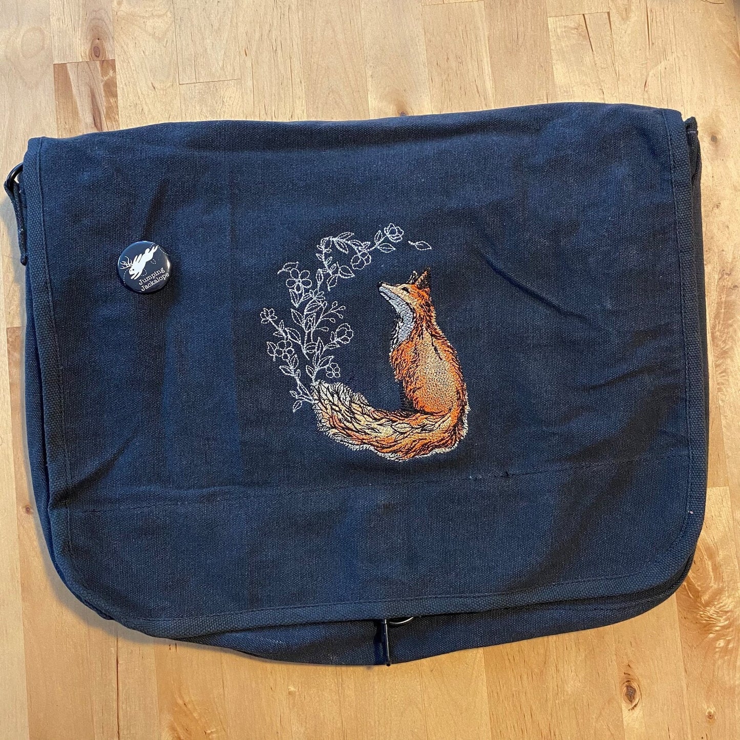 Flower Tailed Fox Embroidered Canvas Messenger Bag