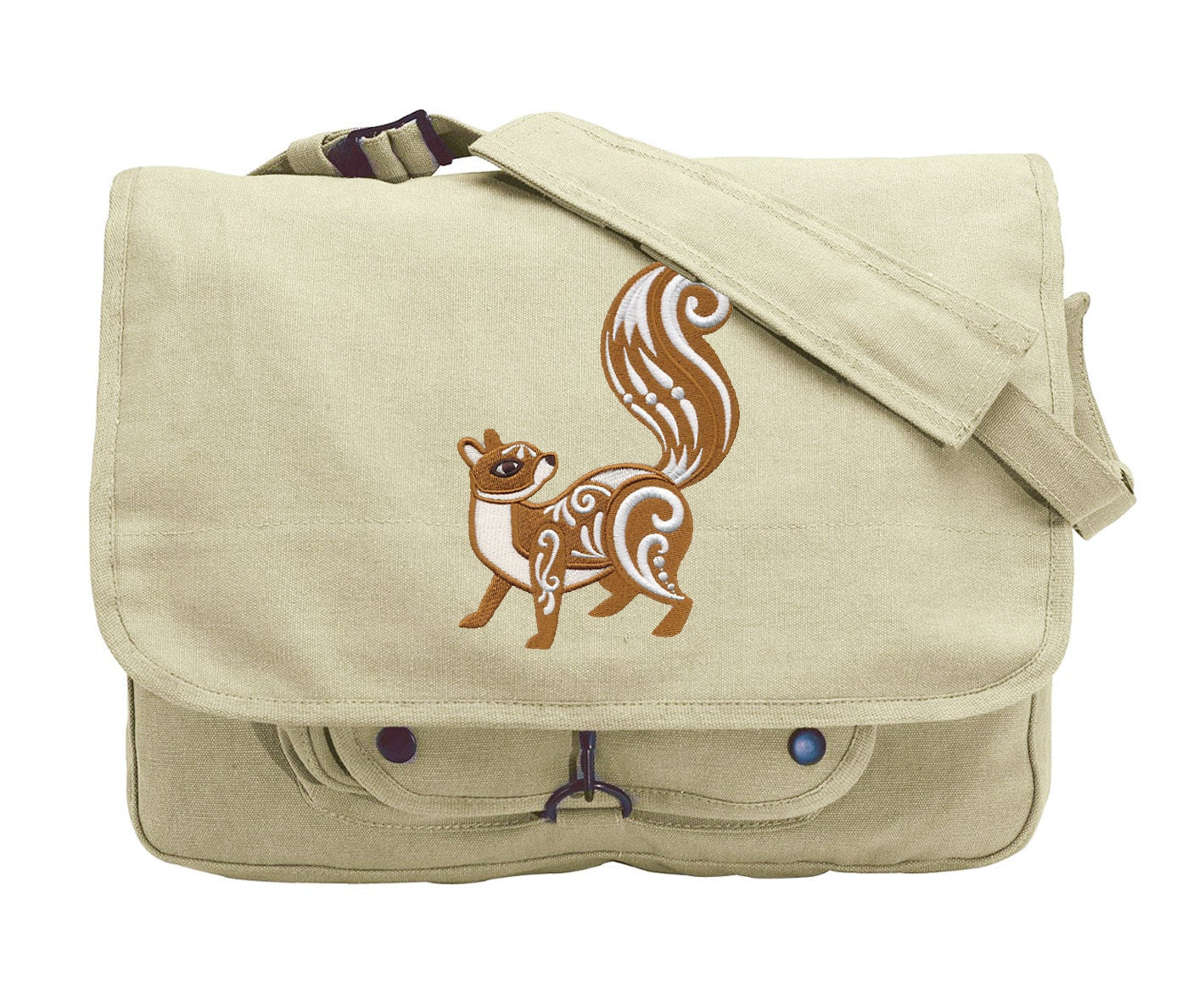 Squirrel with Flourish Embroidered Canvas Messenger Bag