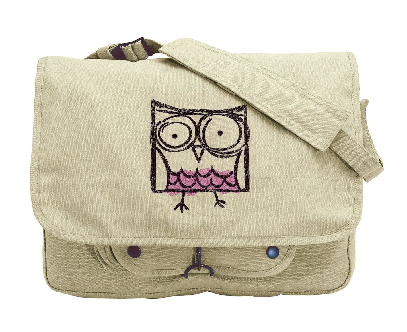 Square Owl Embroidered Canvas Messenger Bag