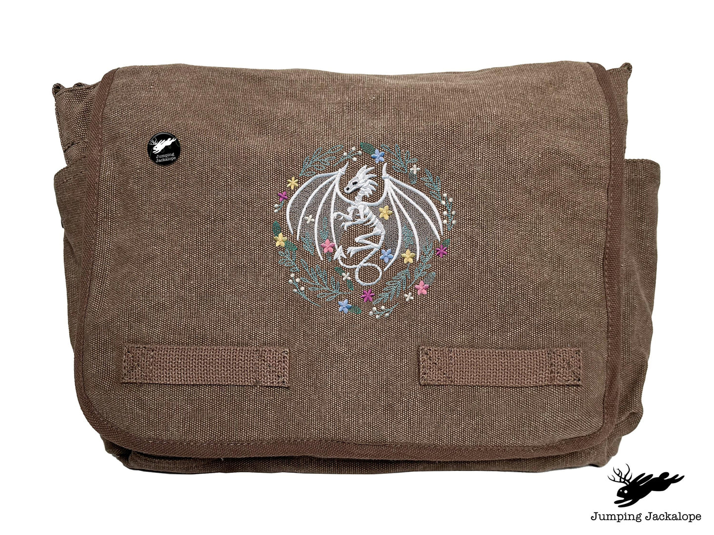 Floral Dragon Skeleton Embroidered Classic Canvas Messenger Bag