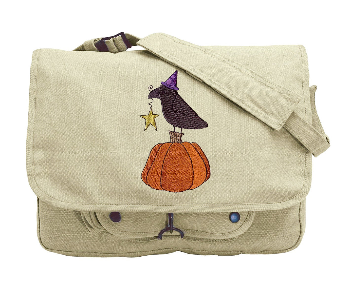 Raven and Pumpkin Embroidered Canvas Messenger Bag