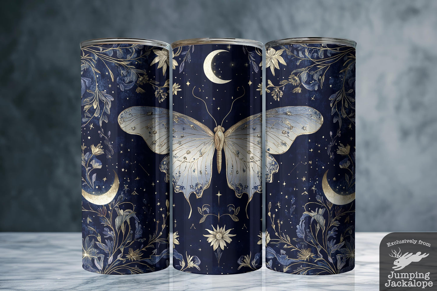 Moonshadow Grace Moth Tumbler – Ethereal Moth & Crescent Moon Night Cup