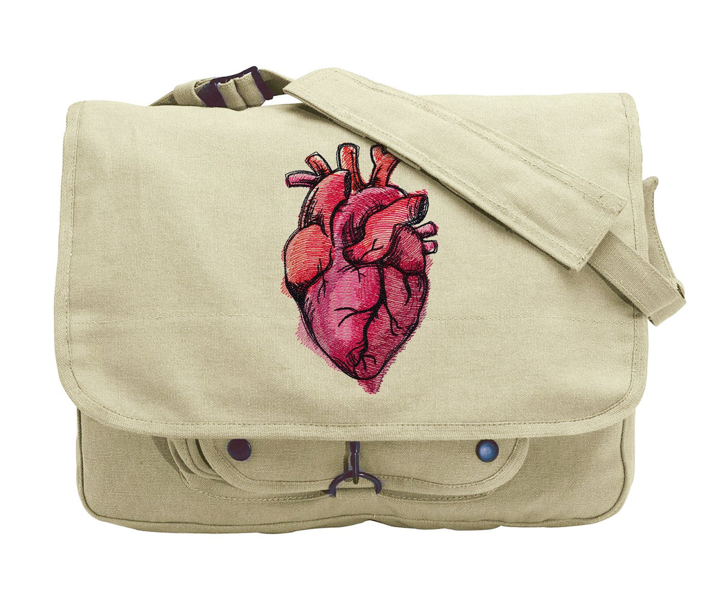 Painted Anatomical Heart Embroidered Canvas Messenger Bag