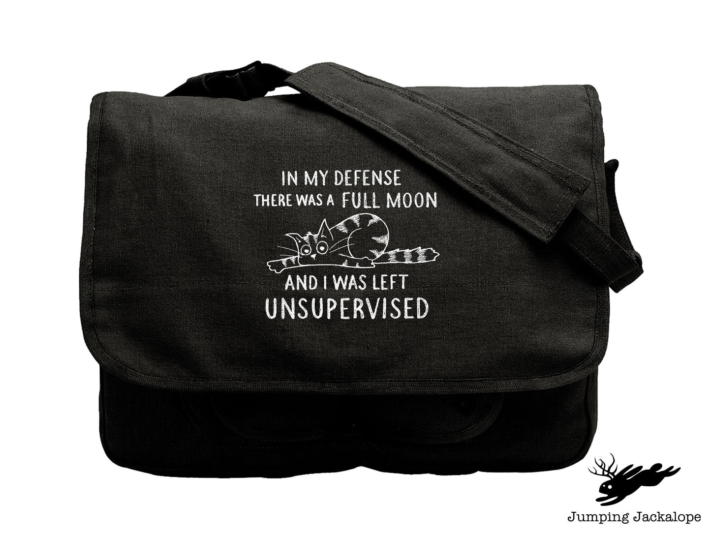 Unsupervised Cat Embroidered Canvas Messenger Bag, Cat Bag, Funny Cat Bag