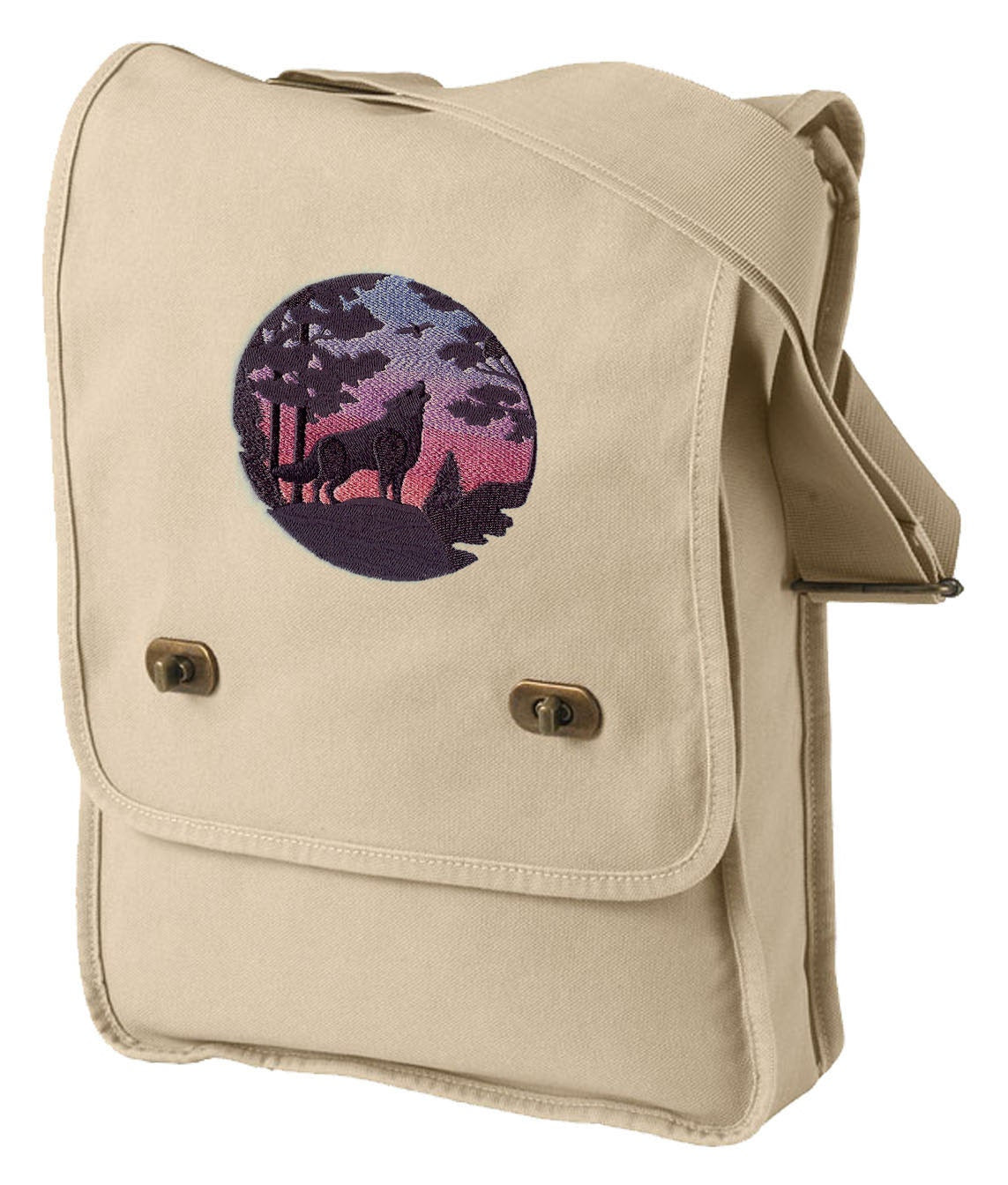 Wolf Canvas Bag, Wolf Silhouette at Sunset Embroidered Canvas Field Bag