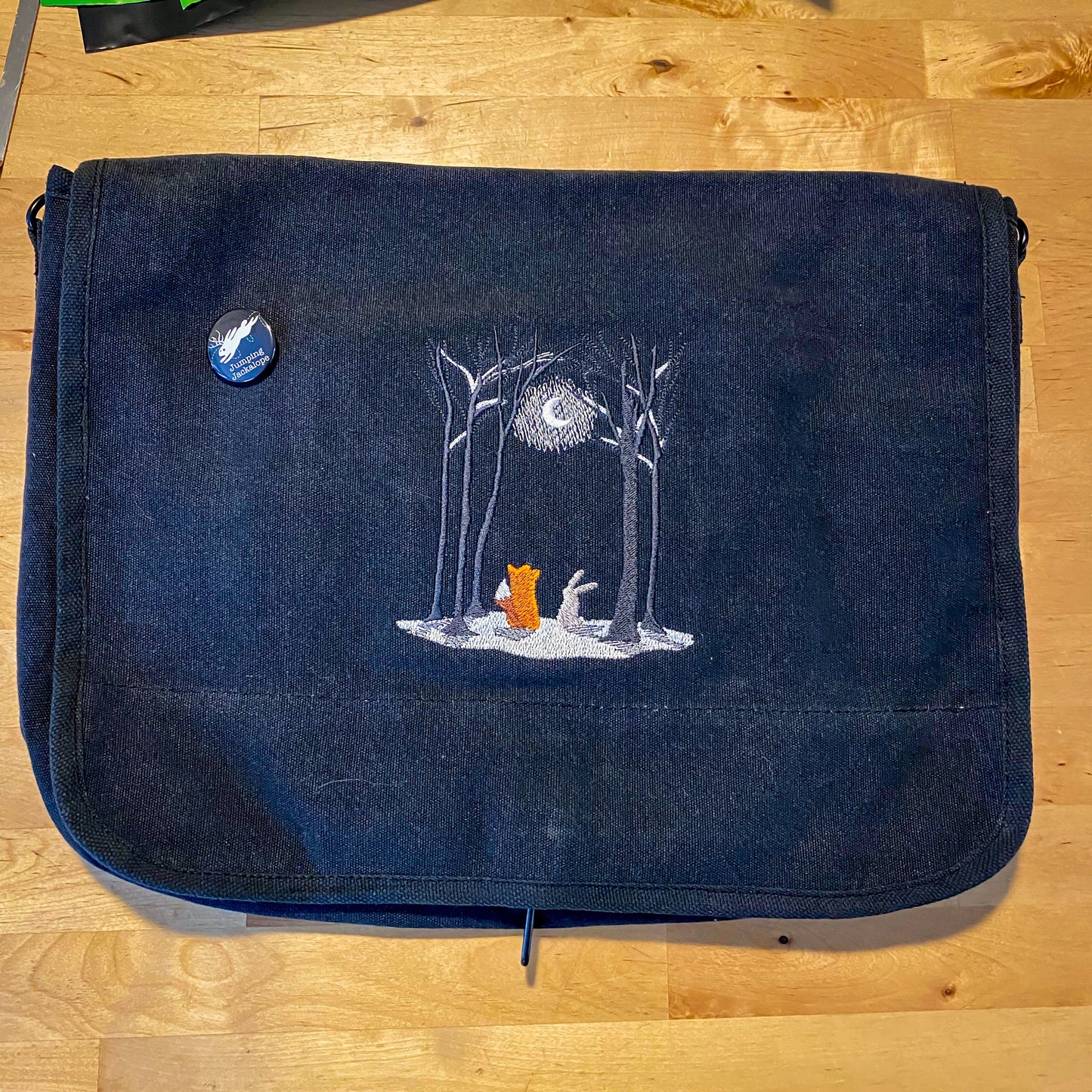 Moonlit Winter Fox and Rabbit Moon Embroidered Canvas Messenger Bag