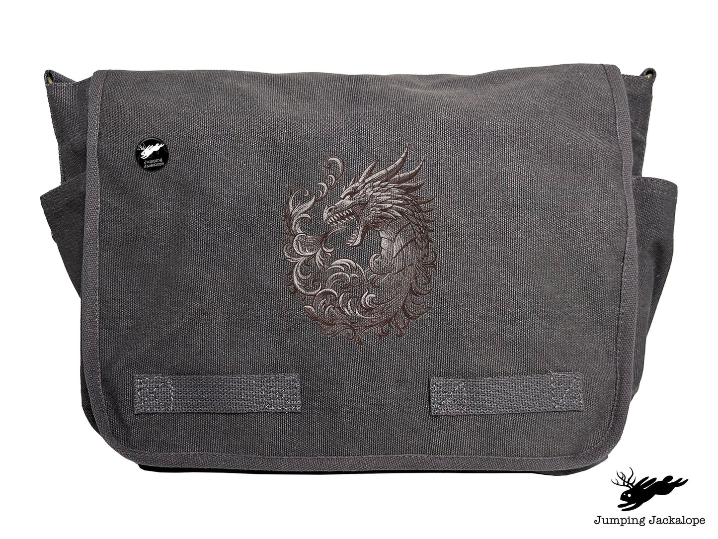 Baroque Scrollwork Dragon Embroidered Classic Canvas Messenger Bag