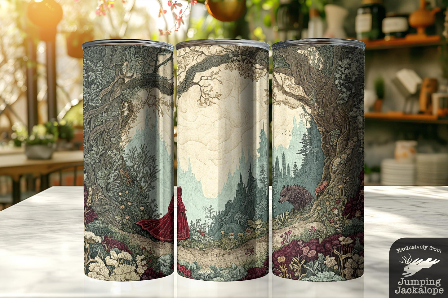 Dark Enchanted Forest Red Riding Hood Tumbler – 20oz Gothic Tale Drinkware | Mystical Vintage Scene