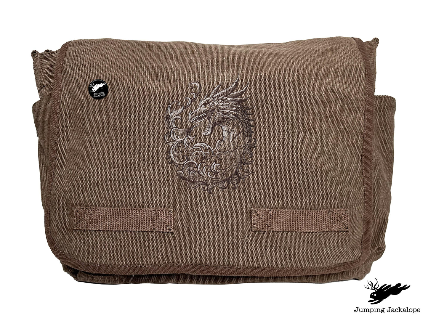 Baroque Scrollwork Dragon Embroidered Classic Canvas Messenger Bag