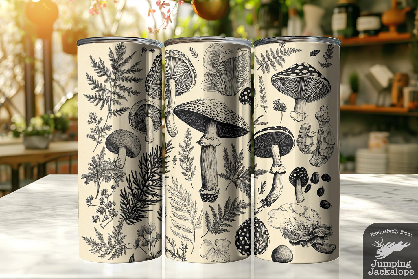 Vintage Mushroom Botanical Tumbler – Black & White Forest Fungi Wrap