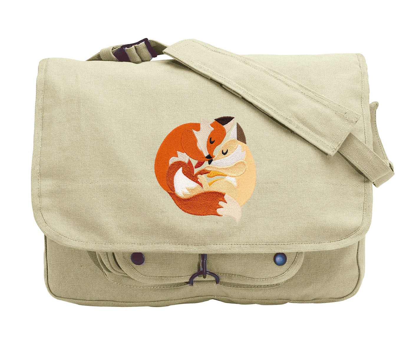 Snuggly Foxes Embroidered Canvas Messenger Bag