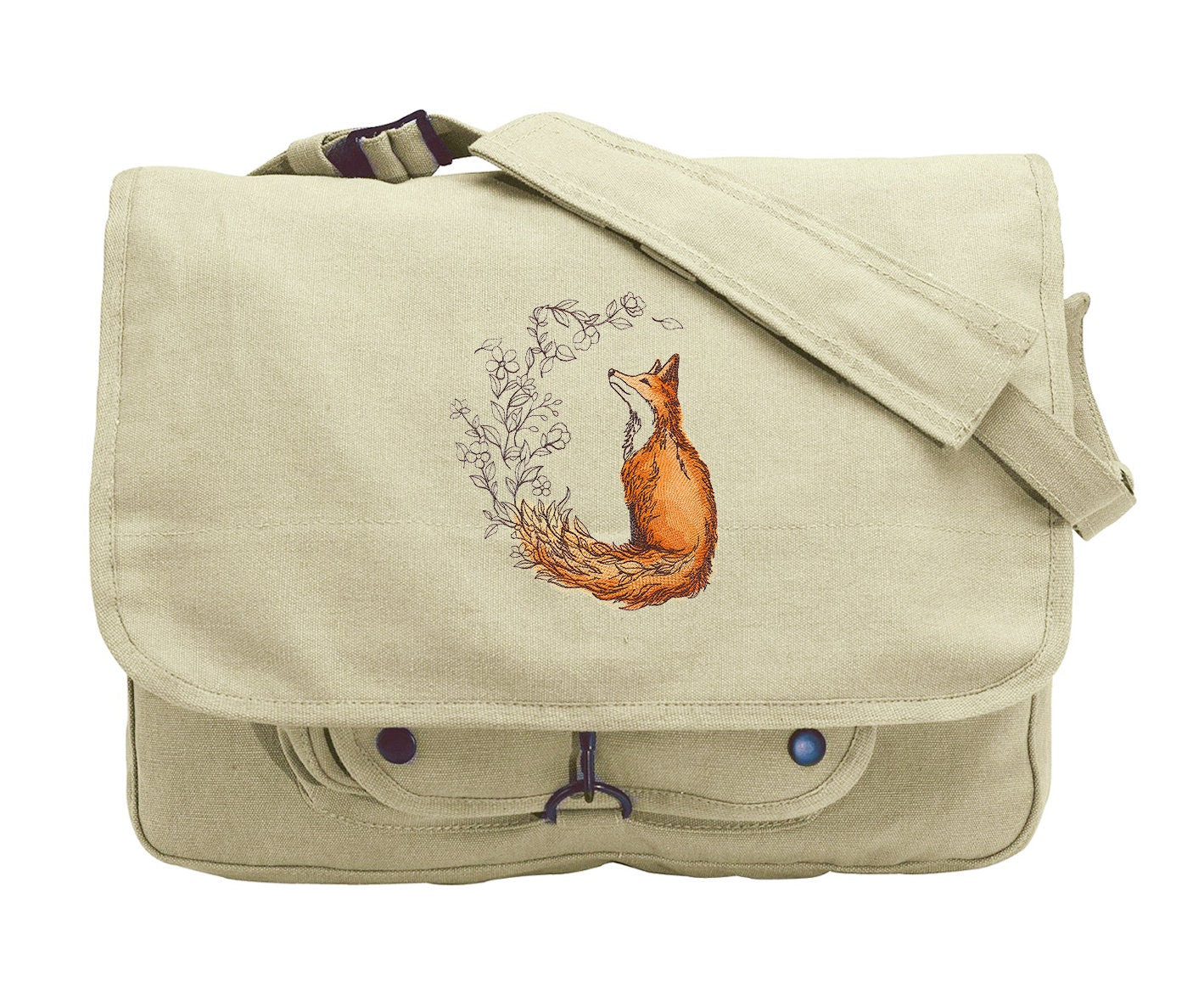 Flower Tailed Fox Embroidered Canvas Messenger Bag