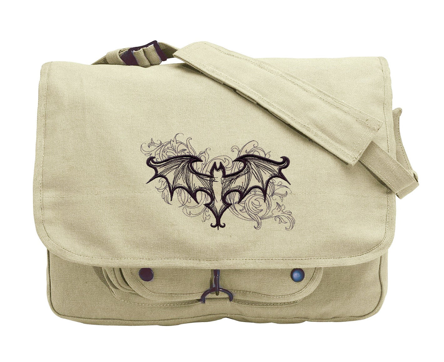 Elegant Bat Embroidered Canvas Messenger Bag