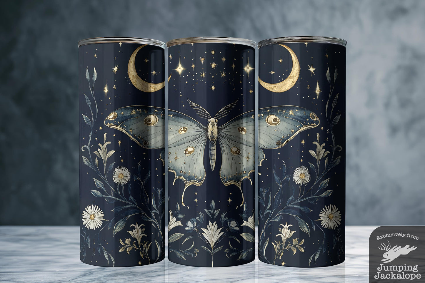 Starlit Bloom Moth Tumbler – Celestial Cottagecore Cup with Gold Moons & Wildflowers