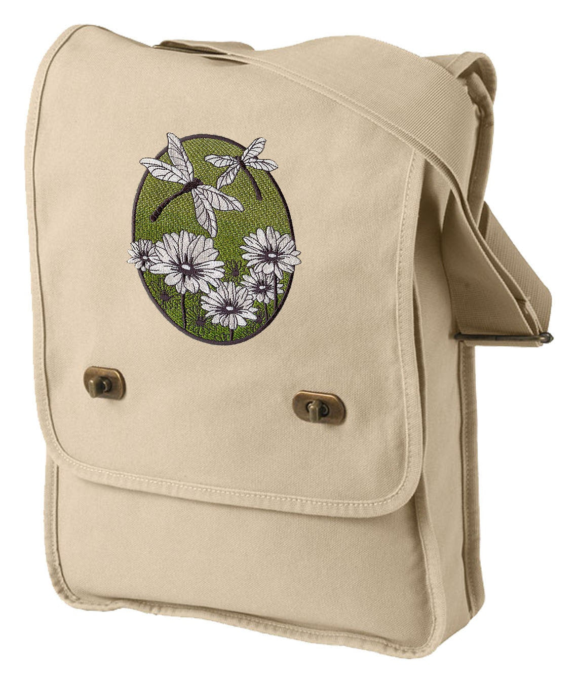 Spring Dragonfly Oval Embroidered Canvas Field Bag