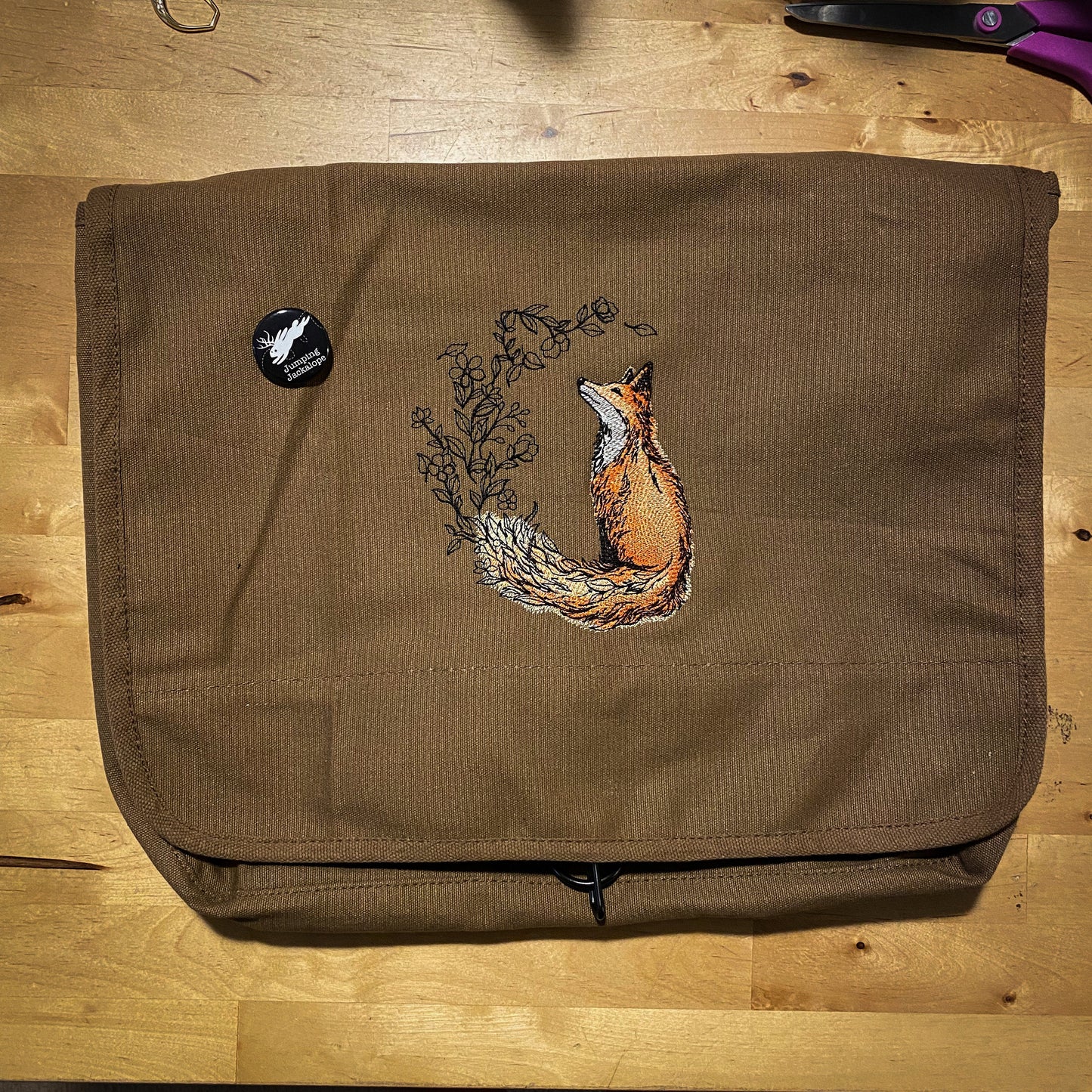 Flower Tailed Fox Embroidered Canvas Messenger Bag