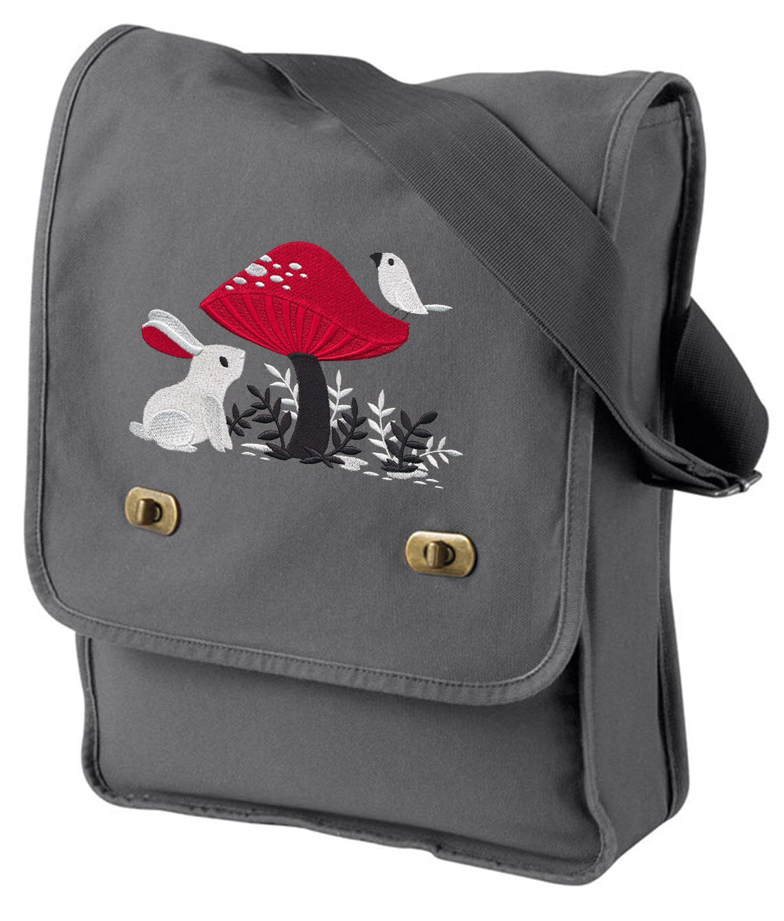 A Curious Find - Rabbit Bird Mushroom Embroidered Canvas Field Bag