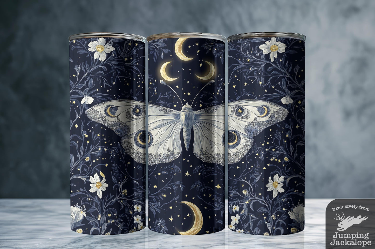 Mystical Moth & Moon Tumbler – 20oz Celestial Moth with Crescent Moon and Stars | Cottagecore Gothic