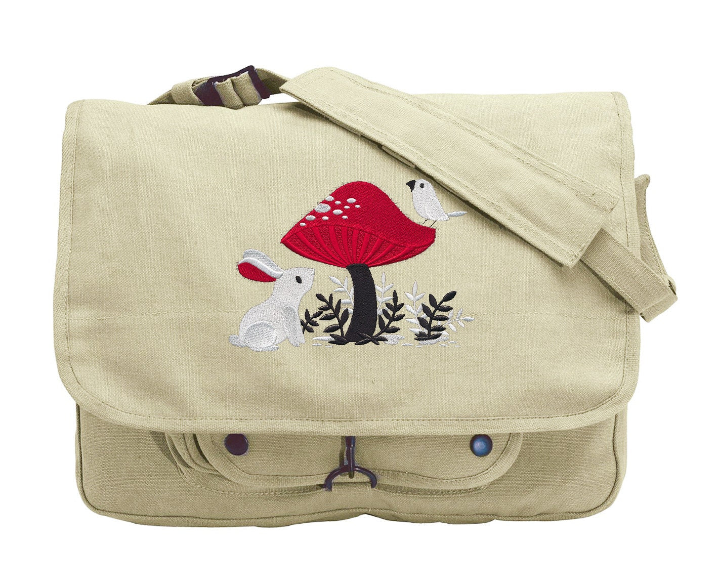 A Curious Find - Rabbit Bird Mushroom Embroidered Canvas Messenger Bag