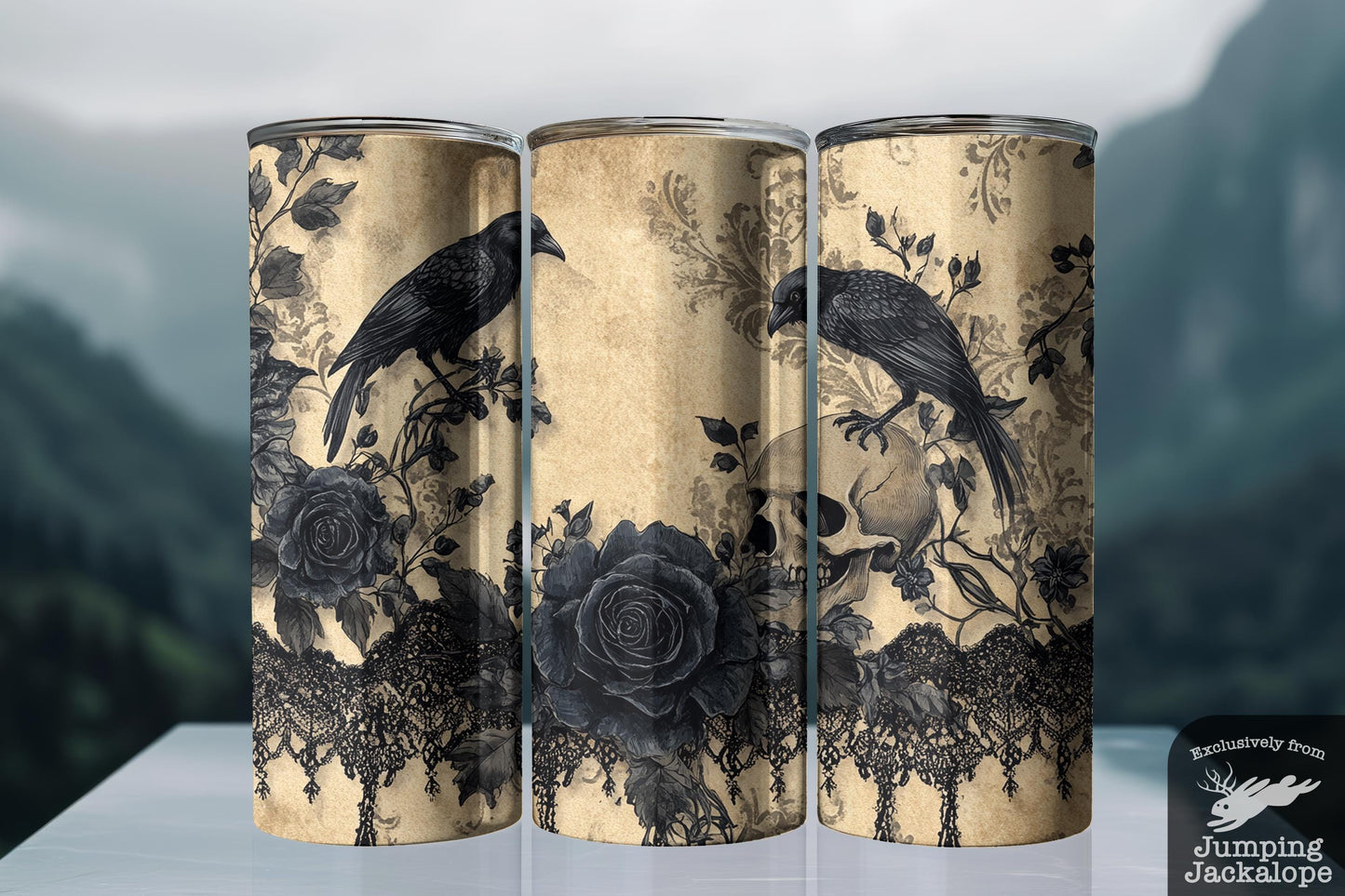 Dark Romance Raven Tumbler – 20oz Skull & Black Rose Lace Cup | Gothic Macabre Drinkware