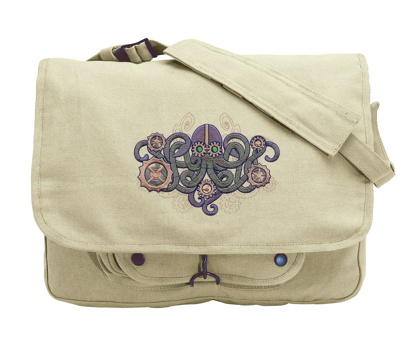 Mechanica Aquatica Steampunk Octopus Embroidered Canvas Messenger Bag