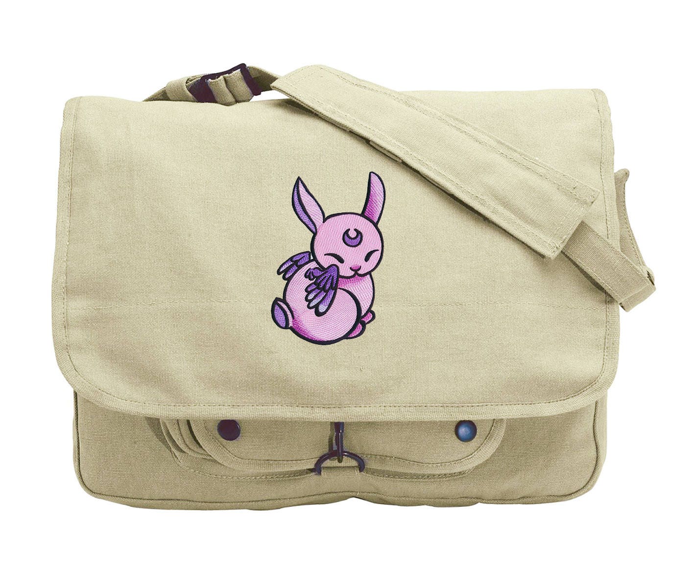 Charmed Creatures - Bunny Embroidered Canvas Messenger Bag, Rabbit Messenger Bag