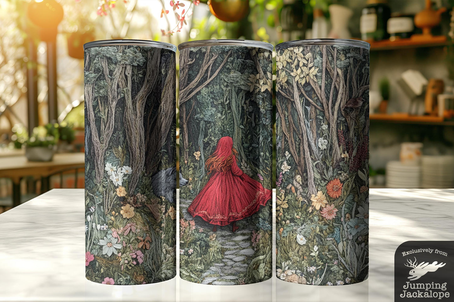 Gothic Red Riding Hood Path – 20oz Fantasy Forest Tumbler | Embroidered Fairytale Drinkware
