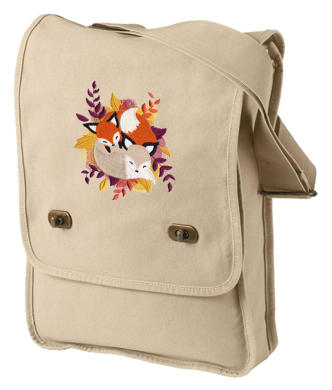 Cuddle Foxes Embroidered Canvas Field Bag