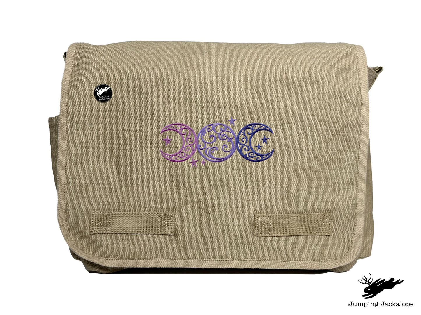 Triple Moon Design Embroidered Classic Canvas Messenger Bag,