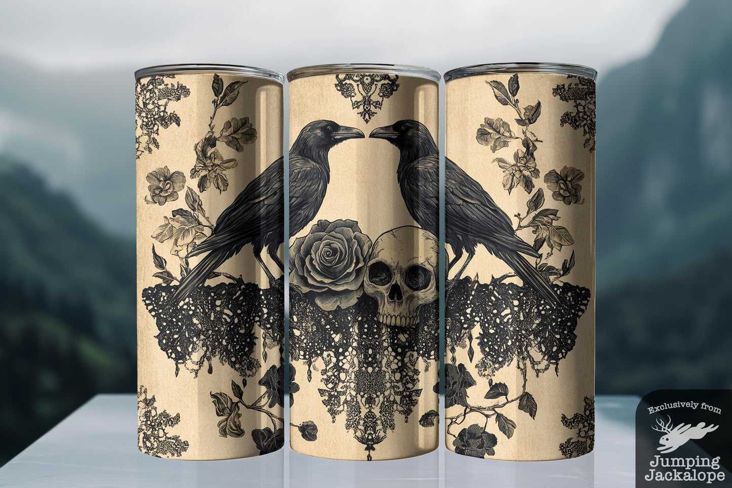Ravens & Roses Gothic Tumbler – Skull, Lace, and Vintage Floral Design