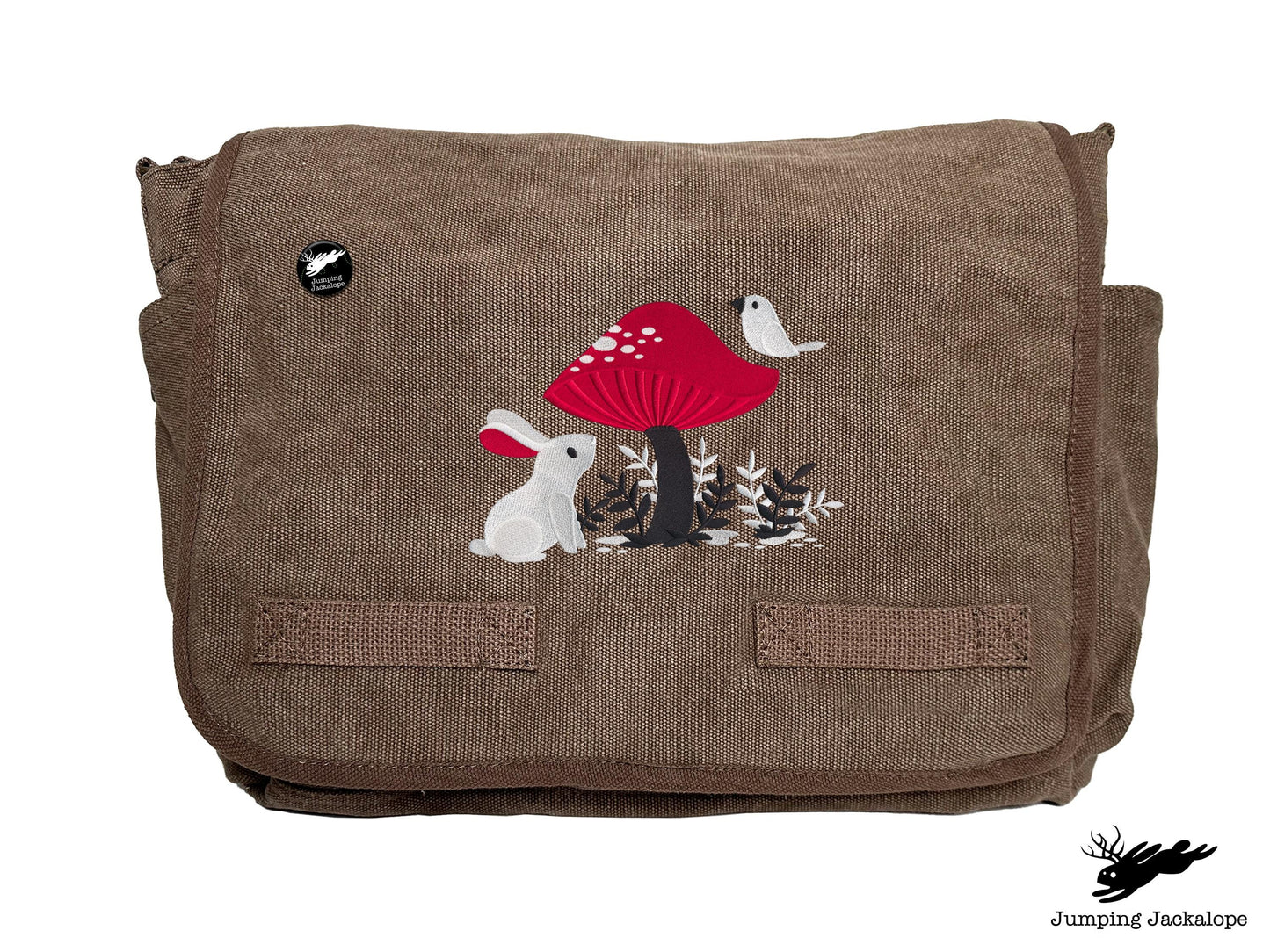 A Curious Find Bunny and Mushroom Design Embroidered Classic Canvas Messenger Bag