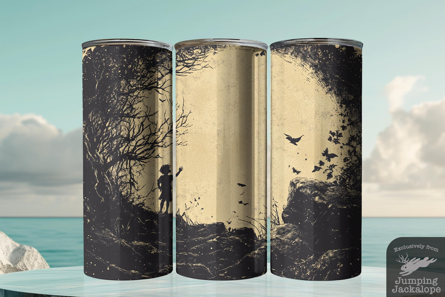 Shadowed Peter Pan Tumbler – 20oz Sublimated Gothic Fairytale Cup | Vintage Neverland Scene